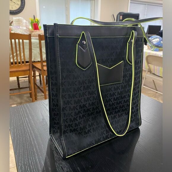 MICHAEL KORS Exclusive Bay Large Woven Canvas Tote Bag Black/green trimed - Picture 3 of 8